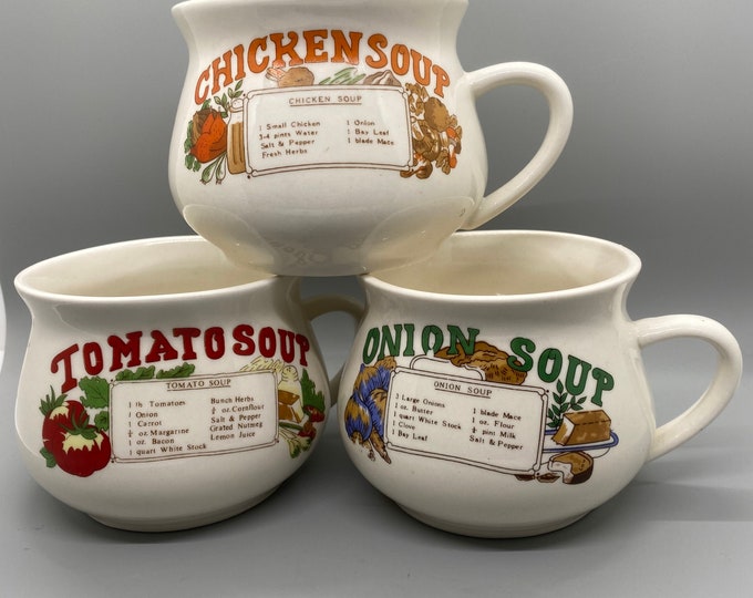 Set of 3 Vintage Soup Mugs With Handles. Recipes for Each Soup on Mug