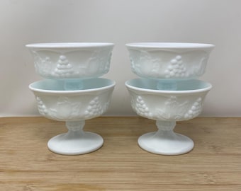 Set of 4 Vintage White Milk Glass Compote Sherbert Bowl.  Harvest Pattern by Colony with Pedestal Base. Preowned.
