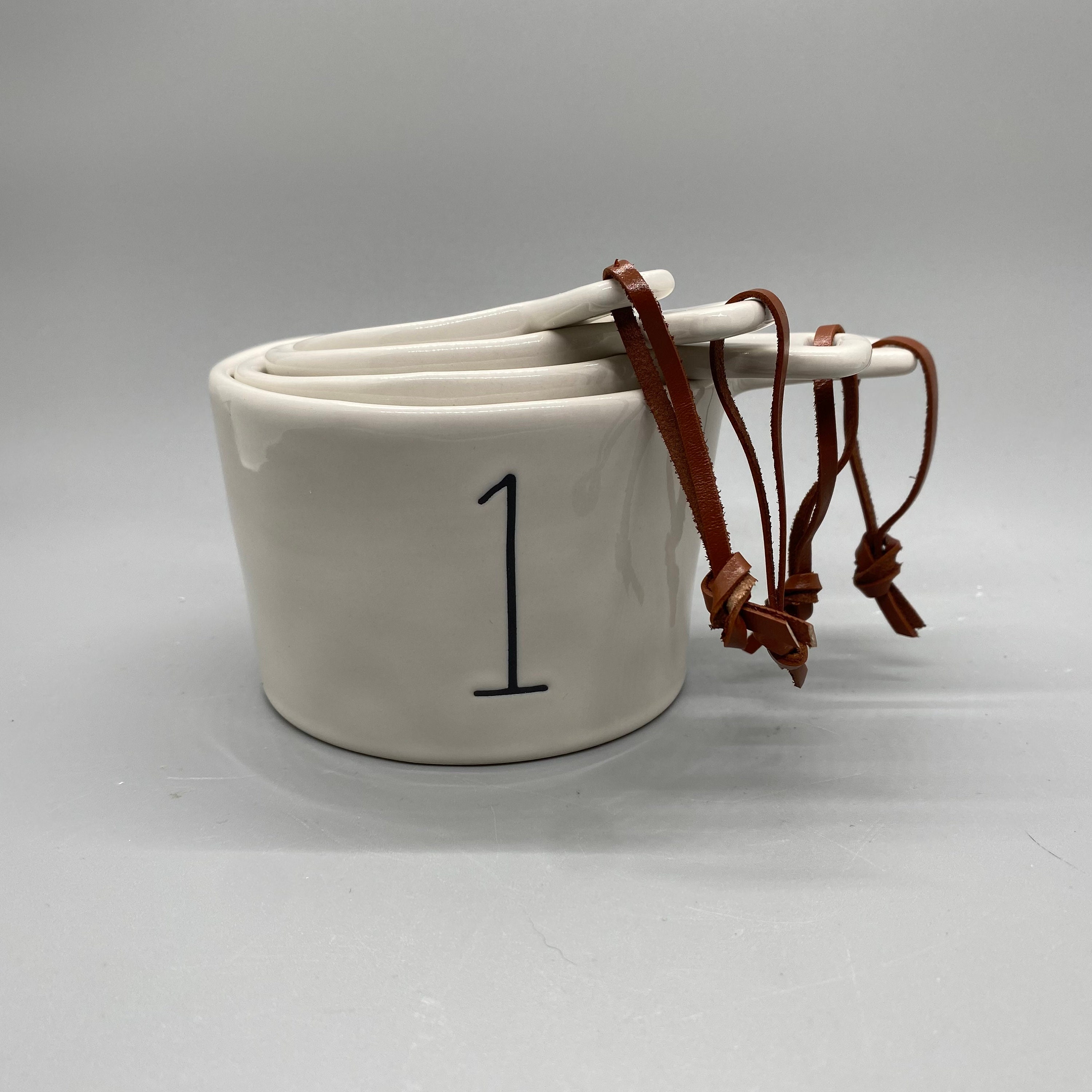 New style Rae Dunn white ceramic leather tie handled measuring cup set