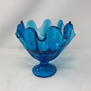 Vintage L.E. Smith Peacock Blue/Manganese Handkerchief Pedestal Vase/Bowl/Compote. 7-1/2” Tall.
