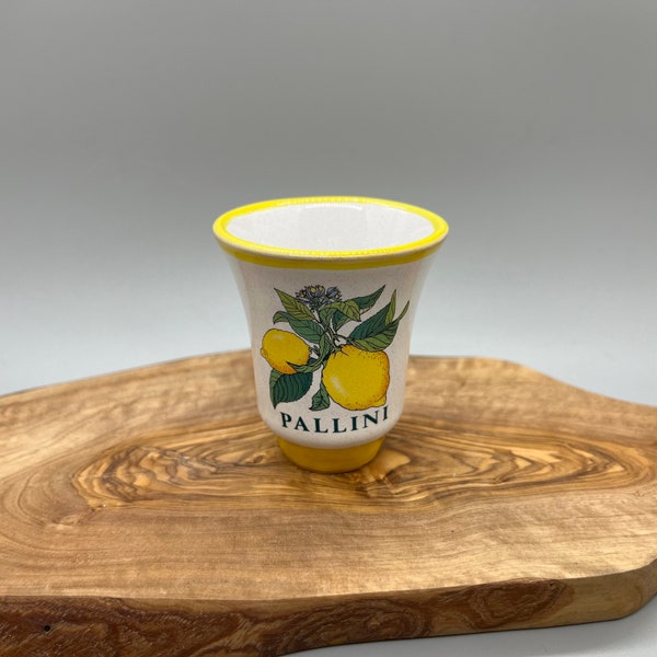 Vintage Italian Shot Glass Pallini Limoncello Made in Deruta Italy Lemon Design. Preowned with Very Small Chip on Lip.