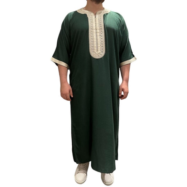 Men's Textured Dark Green & Beige Moroccan Gandoura