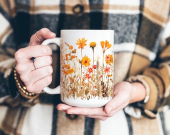 Pressed Flowers Mug Watercolor Wildflowers Mug Floral Mug Garden Lover's Gift Gift for Her Flower Mug Boho Wildflowers Coffee Mug