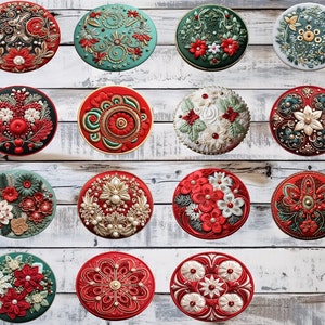 15 Unique Designs Looks Like Embroidery and Beads on a flat Non-Textured Ceramic Christmas Ornamensts  Set of 15