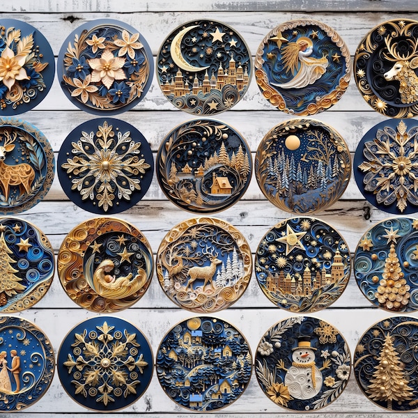 20 Spectacular Navy and Gold.  Non-Textured Christmas Ornaments on a flat One-Sided Ceramic Ornament SET of 20
