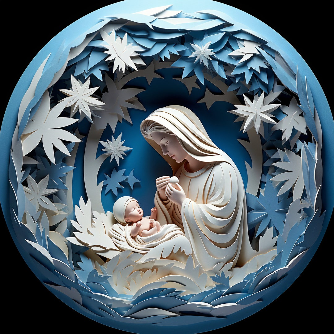 1 Blue Background Mother and Child Christmas Ornament Flat Non-textured