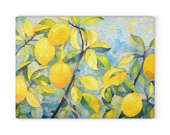 Stained Glass Lemon Tree Glass Cutting Board features fresh lemons on the tree for housewarming gift
