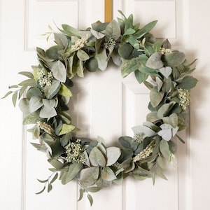 Lush Year Round Lamb&#39;s Ear, Eucalyptus and Olive Leaf Wreath on a natural grapevine base