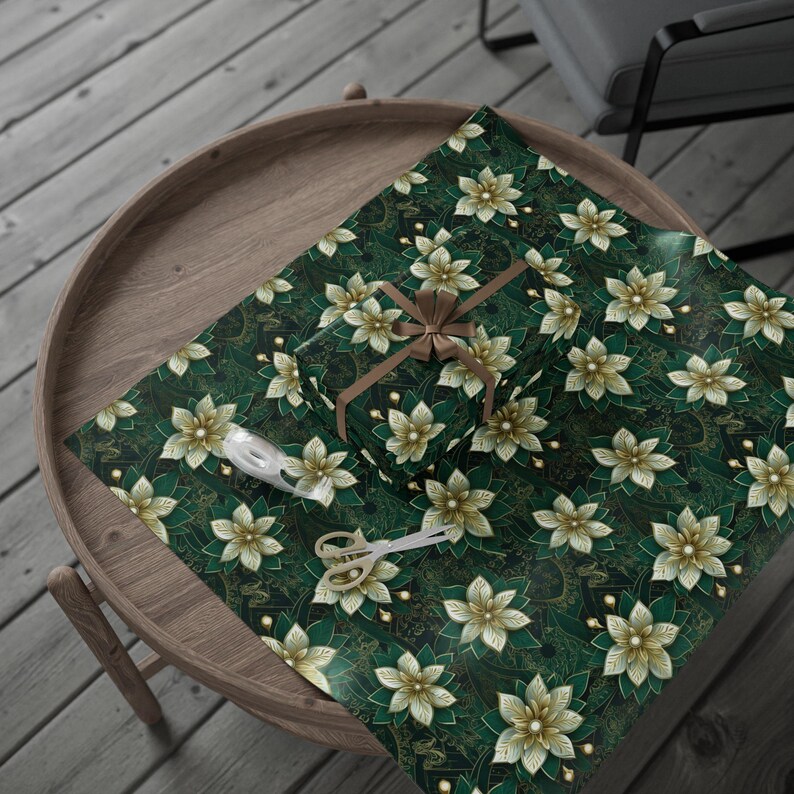 Emerald and Gold Poinsettia Flower Gift Wrapping Paper. Christmas and