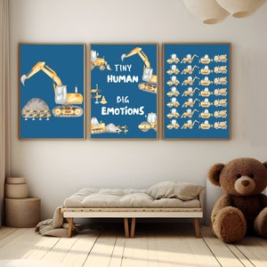 Conjunto de 3 láminas de vehículos de construcción, Sentimientos infantiles, Excavadoras infantiles, Regulación emocional, Excavadora de acuarela, Excavadora amarilla, Camiones para niños pequeños