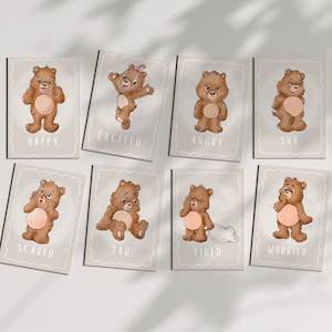 Tarjetas de regulación emocional con osito de peluche, tarjetas de seguimiento del estado de ánimo, tarjetas de emociones para el libro de actividades para niños pequeños "Calm Corner", rueda de sentimientos