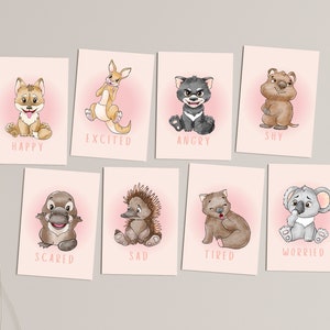Roze dieren flashcards voor kinderen, schattige Australische babydieren, educatieve hulpmiddelen voor kinderen, hulpmiddelen voor emotionele regulatie van kinderen, roze babydierontwerp