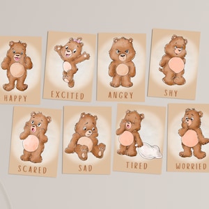 Teddy Bear Emotional Regulation Flash Cards, Mood Tracker Emotion Cards, Calm Corner Toddler Busy Book Emotions Cards, Feelings wheel