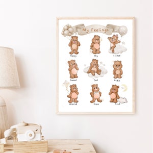 Póster de osito de peluche para niños, apoyo emocional, emociones, rincón de calma infantil, monitor de regulación emocional, rueda de emociones infantiles