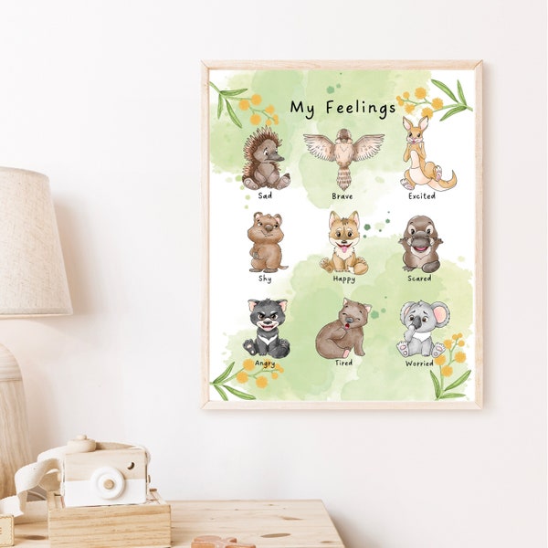 Australian Animal Emotional Feeling Kids Chart, Emotional Regulation Chart, Kids Mood Board, Baby Australian Animal Emotions, Calming Corner
