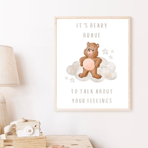 Sentimientos infantiles, frases de osos valientes, láminas para la sala de juegos, rincón relajante, pósteres educativos, arte mural para guardería, arte mural de terapeuta infantil