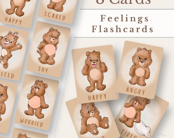 Puede incluir: Un conjunto de 8 tarjetas didácticas de sentimientos con osos de peluche marrones con vientres de color tostado claro. Cada tarjeta muestra un oso expresando una emoción diferente con el texto: Happy, Scared, Excited, Shy, Worried, Angry, Sad, Tired.