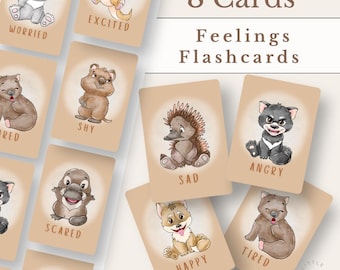 Puede incluir: Un conjunto de 8 tarjetas didácticas de sentimientos con ilustraciones de animales australianos. Cada tarjeta muestra un animal con una emoción específica debajo, incluyendo preocupado, emocionado, cansado, tímido, triste, enojado, asustado y feliz. El texto dice 8 Cards Feelings Flashcards y Australian Animal Flash Cards.