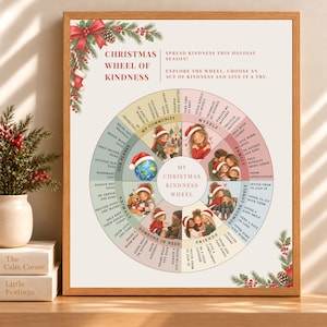 May include: A framed poster titled Christmas Wheel of Kindness featuring a circular chart divided into sections with illustrations of people in Santa hats. The text includes prompts for acts of kindness categorized by community, myself, family, and friends.