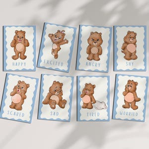 Teddy Bear Mood Tracker Flash Cards, Emotional Regulation Emotion Cards, Calm Corner Toddler Busy Book Squiggle Border Emotions Cards