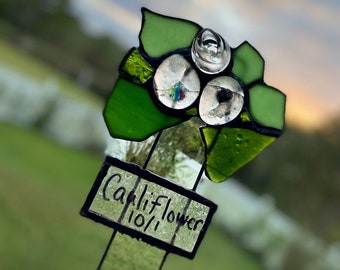 Étiquette de jardin/ piquet de jardin, vitrail recyclé - Chou-fleur