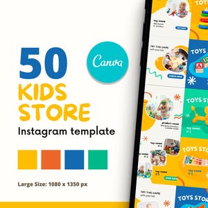Könnte beinhalten: Instagram-Vorlage für einen Kinderladen mit dem Canva-Logo und dem Text "50 Kids Store". Das Design zeigt Produktpräsentationen von Spielzeugläden. Die Vorlagengröße beträgt 1080 x 1350 px. Die Farbgebung umfasst Gelb, Orange, Blau und Grün.