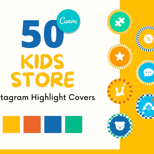 50 Instagram Highlight Covers CANVA Templates kids SHOP, kids store, toys shop, Colorful, Children Instagram