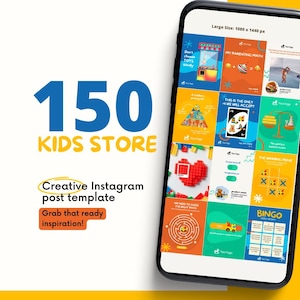 以下が含まれることがあります： スマートフォンには、子供向けストア向けのカラフルなInstagram投稿テンプレートが表示されています。テンプレートには「150 KIDS STORE」と「Creative Instagram post template」の文字が含まれています。おもちゃをテーマにしたさまざまなグラフィックが表示されています。