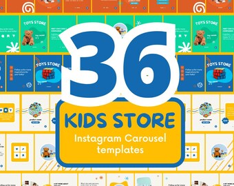 May include: A digital collection of 36 Instagram carousel templates for a kids store, featuring a variety of colorful layouts with orange, green, blue, and yellow backgrounds, displaying toy imagery, text placeholders, and social media icons.