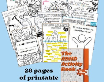 Puede incluir: Un libro titulado "The ADHD Activity Book for Adults" de Shari Warshafsky. La portada presenta un diseño de rompecabezas en naranja y blanco. El libro está rodeado de 28 páginas de actividades imprimibles para adultos con TDAH. Las páginas incluyen páginas para colorear, indicaciones y juegos.
