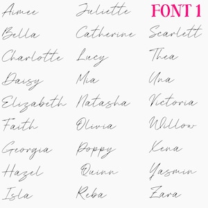 May include: A list of 24 female names written in a cursive script font, labeled "FONT 1".