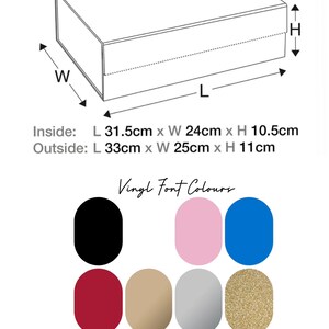 May include: Diagram of a rectangular box with measurements for inside and outside dimensions. The box is 31.5 inches long, 24 inches wide, and 10.5 inches high on the inside. The outside dimensions are 33 inches long, 25 inches wide, and 11 inches high. The image also shows a color chart with vinyl font colors: black, white, pink, blue, red, gold, silver, and glitter gold.