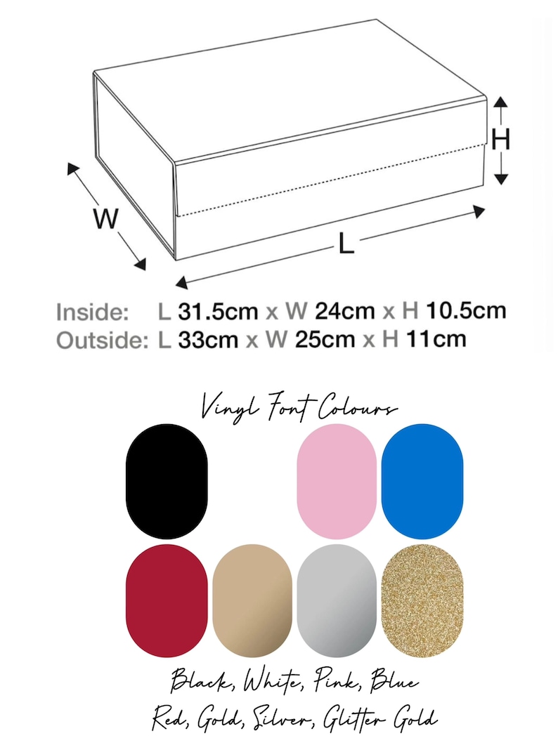 May include: Diagram of a rectangular box with measurements for inside and outside dimensions. The box is 31.5 inches long, 24 inches wide, and 10.5 inches high on the inside. The outside dimensions are 33 inches long, 25 inches wide, and 11 inches high. The image also shows a color chart with vinyl font colors: black, white, pink, blue, red, gold, silver, and glitter gold.