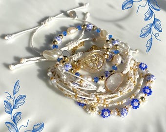 Bracelet set, Handmade Gold and Blue Bracelet Set, Quality Gold Beads, Adjustable Bracelets, Beaded bracelets, Stretchy bracelets, jewelry