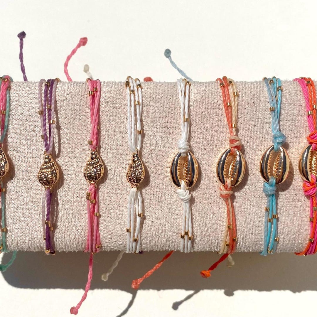 Gold Plated Shell String Bracelet: Waterproof Waxed String, Adjustable ...
