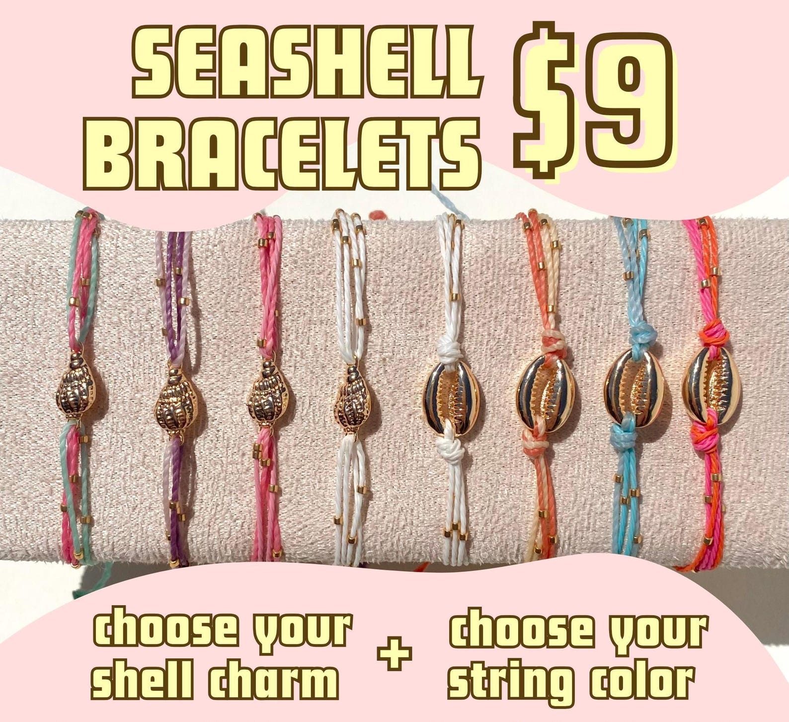 Gold Plated Shell String Bracelet: Waterproof Waxed String, Adjustable ...