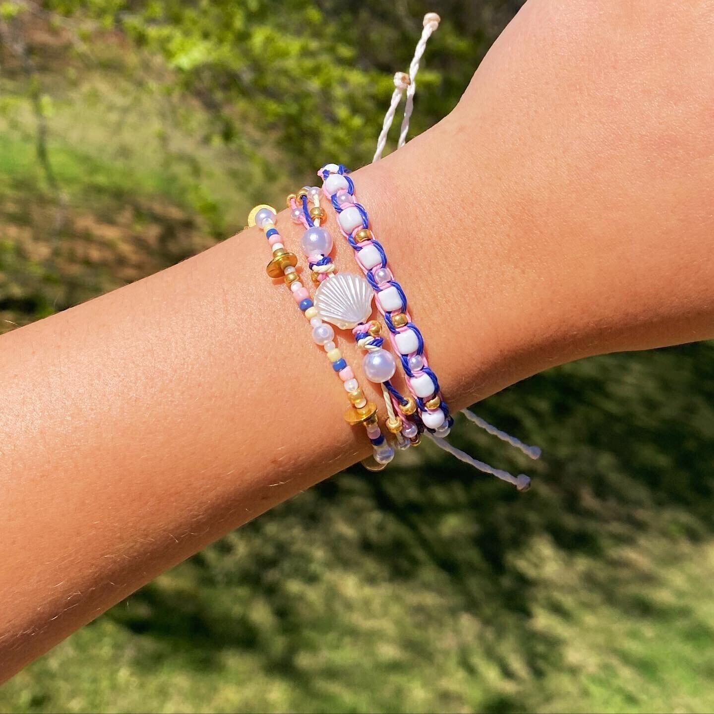 Handmade Beaded Bracelet Set: Pink, Navy, & Gold with Seashell