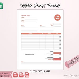 Editable Receipt Template. Small Business Digital Receipt. Receipt Form. Customer Receipt. Sales Receipt. Google sheets. Instant Download