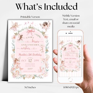 K&ouml;nnte beinhalten: Eine digitale Geburtstagseinladung mit einem rosa Bogen, Feen und einem Einhorn. Der Text lautet Fairy Kisses and Unicorn Wishes, Maddie's 5th Birthday, Oct 12, 2 PM. Enth&auml;lt eine druckbare 5x7 Zoll Version und eine mobile 1080x1920 px Version.