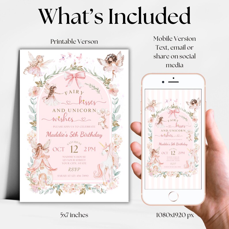 K&ouml;nnte beinhalten: Eine digitale Geburtstagseinladung mit einem rosa Bogen, Feen und einem Einhorn. Der Text lautet Fairy Kisses and Unicorn Wishes, Maddie's 5th Birthday, Oct 12, 2 PM. Enth&auml;lt eine druckbare 5x7 Zoll Version und eine mobile 1080x1920 px Version.