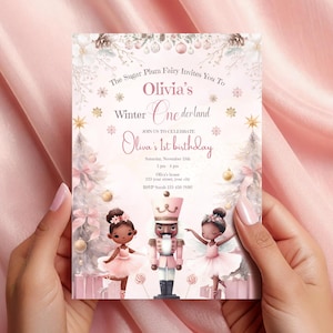 Pink Nutcracker 1st Birthday Invitation, Editable Sugar Plum Fairy Invite, Winter Ballet Birthday Party, Instant Download, Christmas Theme