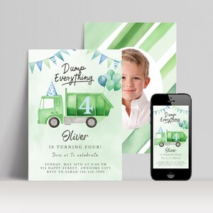 Vuilniswagen 4e verjaardagsuitnodiging - Dump Everything Party - Trash Bash Theme - Instant Digitale Download - bewerkbaar op elke leeftijd