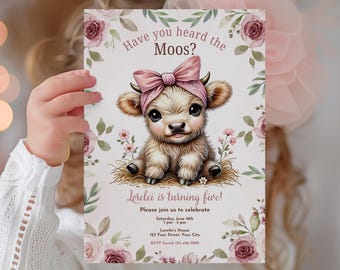 May include: A pink and white birthday invitation with a cartoon illustration of a cow wearing a pink bow. The text reads "Have you heard the Moos? Lorelei is turning five! Please join us to celebrate Saturday, June 18th 1 pm - 4 pm Lorelei's House 123 Your Street, Your City RSVP Sarah 123-456-7890"