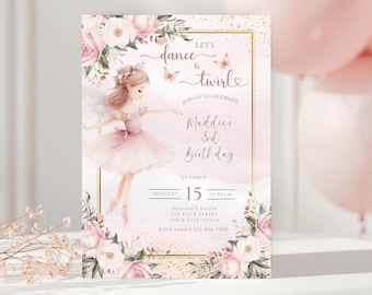 May include: A rectangular birthday invitation card featuring a watercolor illustration of a ballerina in a pink tutu, surrounded by pink floral arrangements and gold accents. The text reads: Let's dance & twirl, join us to celebrate Maddie's 3rd Birthday.