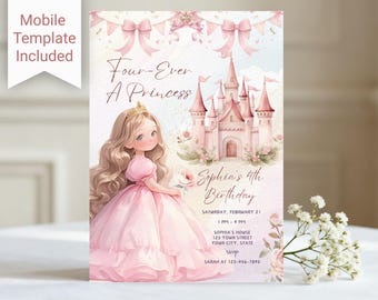 Four Ever A Princess Birthday Invitation, Editable 4th Birthday Invite, Magical Castle Party, Digital Download, Fairy Tale, Pink Princess