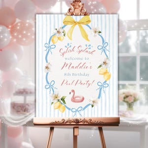Bewerkbaar welkomstbord zwembadfeest, aanpasbaar meisje 8e verjaardagsfeestje decor, zomer verjaardagsfeestje, instant download, splish splash