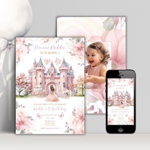May include: A set of princess-themed birthday invitations in pink and white. The main invitation features a castle illustration, a carriage, and the text "Princess Maddie is turning 1." A smartphone displays the same design. A photo of a smiling toddler is also included.