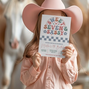 Editable Sweet Sassy And Seven Birthday Invitation, Girl 7th Birthday Invite, Retro Party, Instant Download, Printable Canva Template
