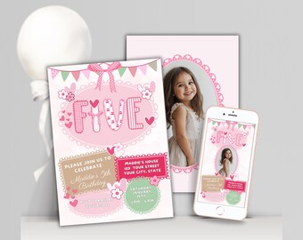 Invitación de cumpleaños con patchwork colorido para 5.º cumpleaños / Invitación de cumpleaños rosa / Plantilla editable de Canva / Fiesta de cumpleaños de niñas