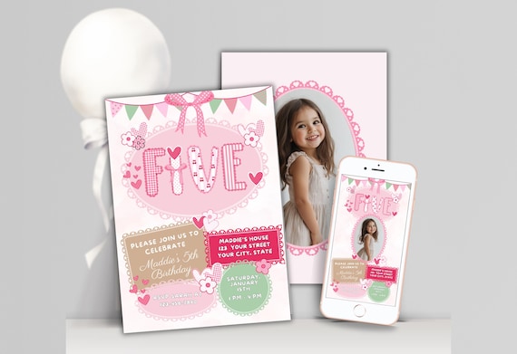 Colorful Patchwork 5th Birthday Invitation | Pink Birthday Invite | Editable Canva Template | Girls Birthday Party